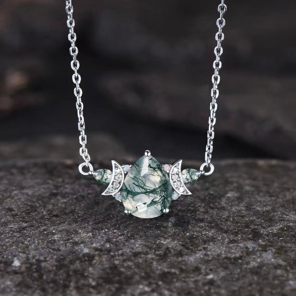 Pear Cut Moss Agate Galaxy Crescent Moon Pendant  - 'Minty'