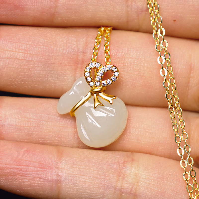 Fortune Jewel Natural Hetian White Jade Luck Money Bag Necklace Pendant