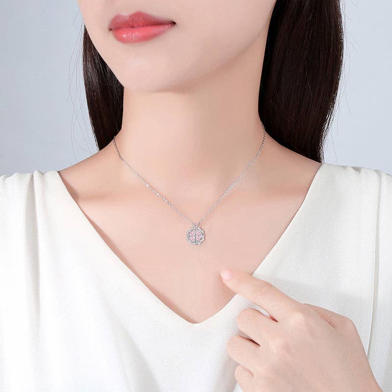 Pink Four Leaf Clover Heart Necklace in 925 Sterling Silver: Rose gold