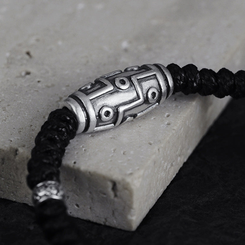 Fortune Jewel 999 Sterling Silver Nine-Eye Dzi Bead Pattern Blessing Rope Bracelet