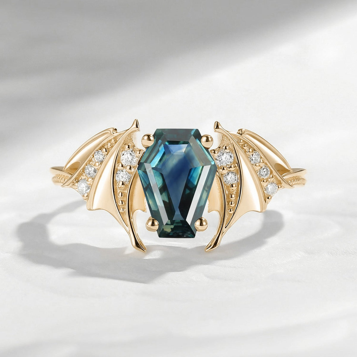 Bat Ring - Coffin Cut Natural Teal Sapphire Bat Wing Engagement Ring with Milgrain Band