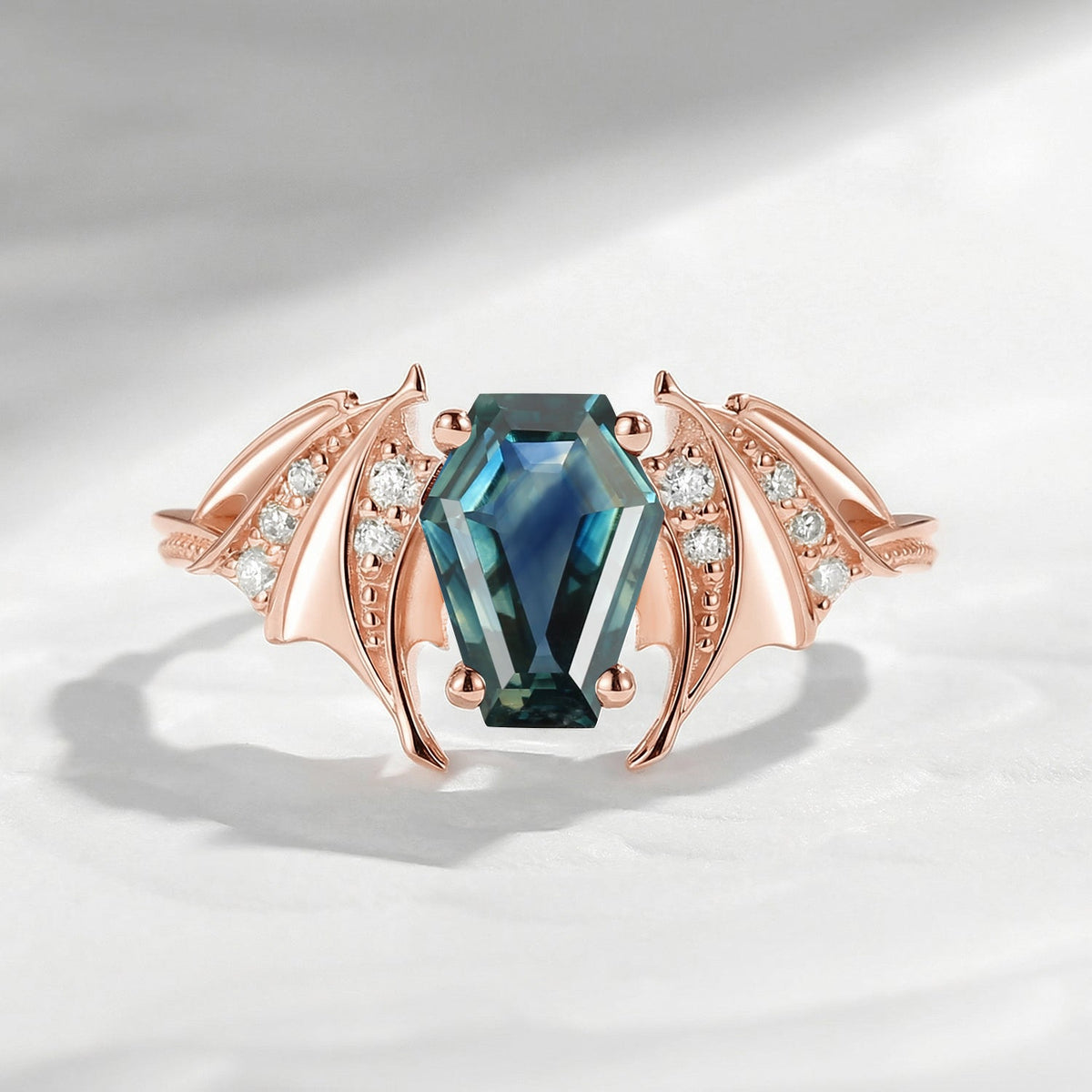Bat Ring - Coffin Cut Natural Teal Sapphire Bat Wing Engagement Ring with Milgrain Band