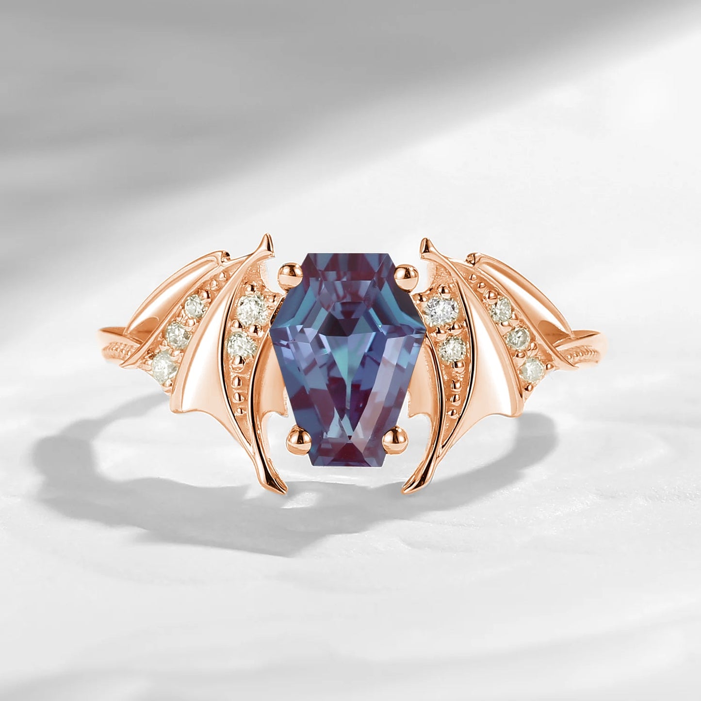 Coffin Cut Lab Alexandrite Gothic Inspired Black Gold Engagement Ring - Bat Ring