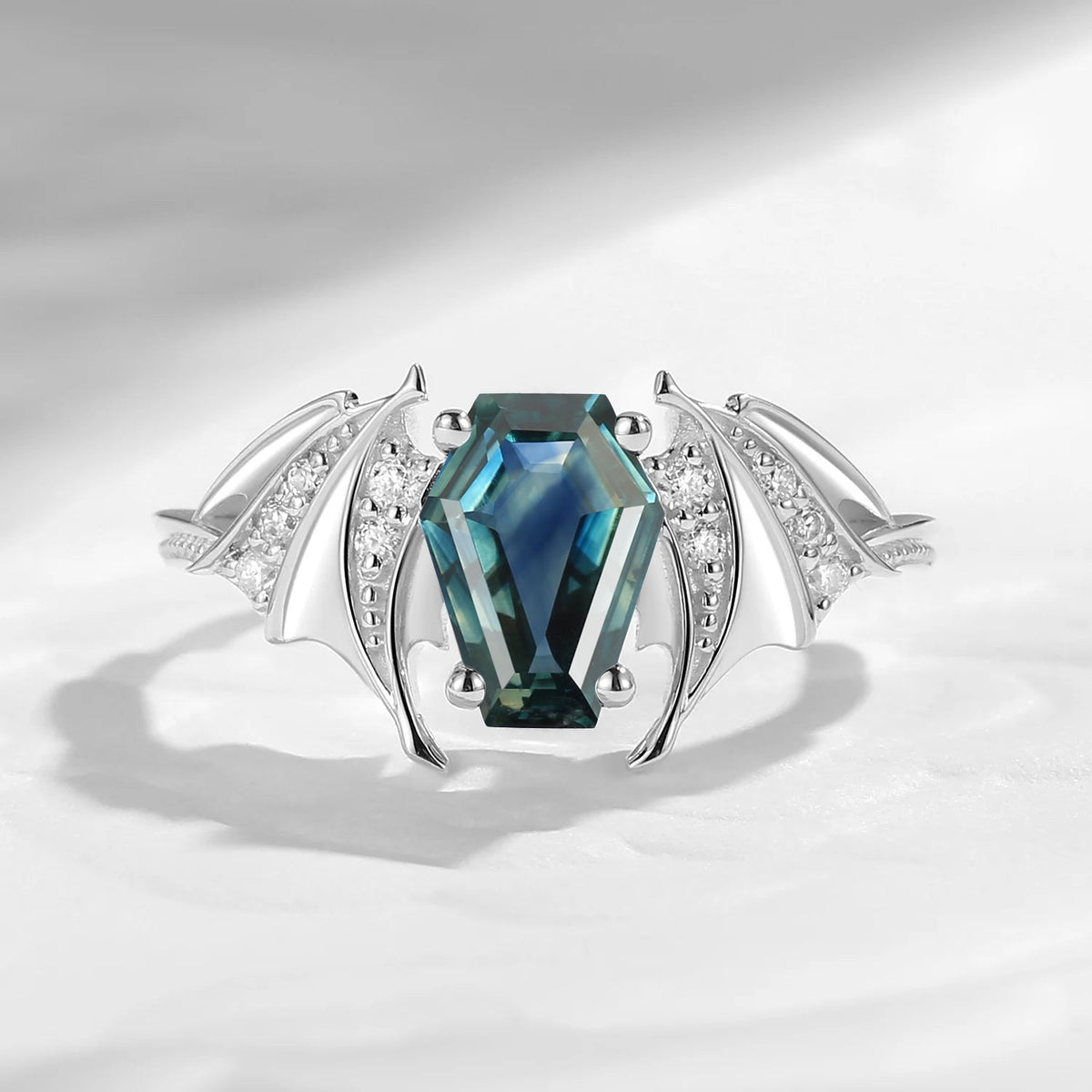 Bat Ring - Coffin Cut Natural Teal Sapphire Bat Wing Engagement Ring with Milgrain Band