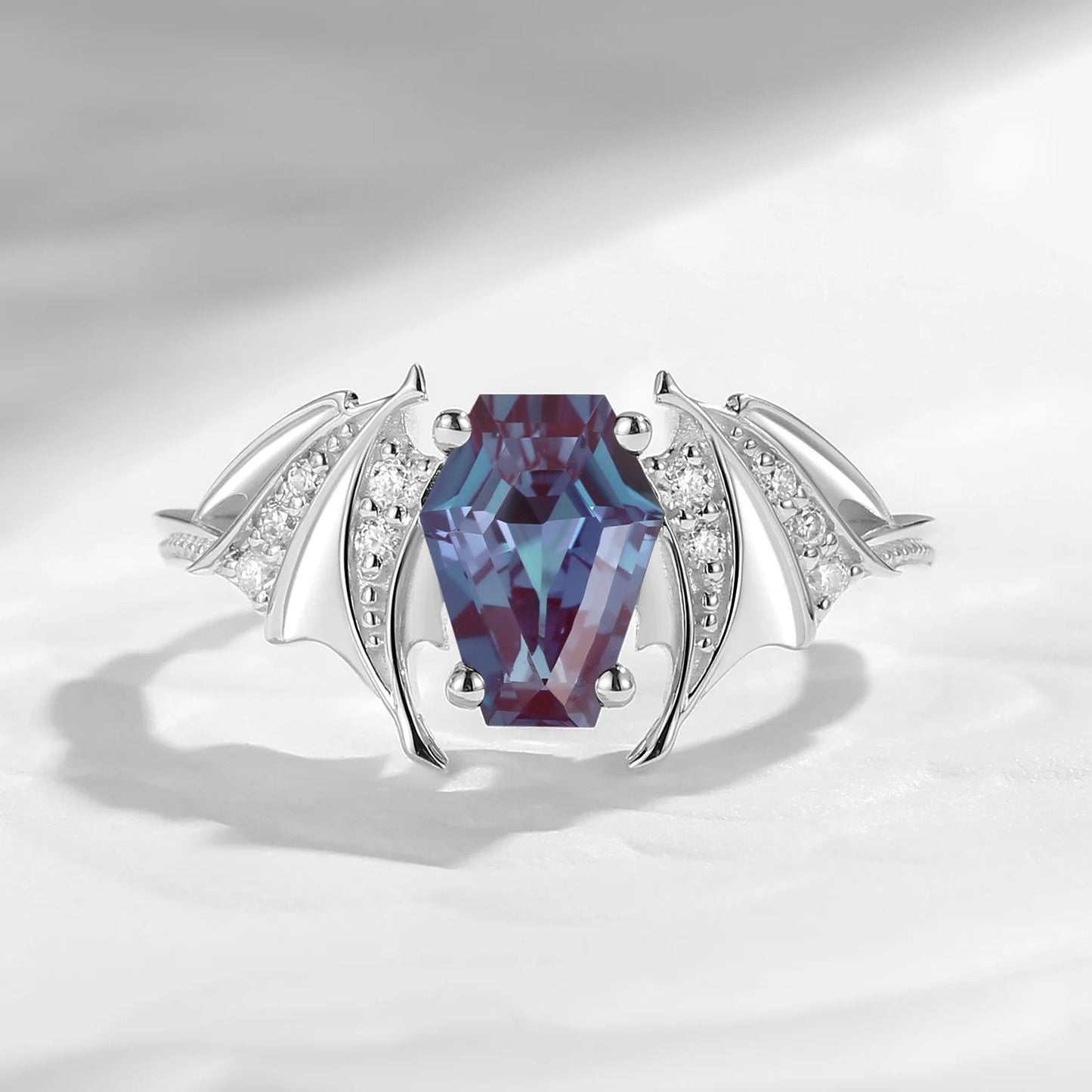 Coffin Cut Lab Alexandrite Gothic Inspired Black Gold Engagement Ring - Bat Ring