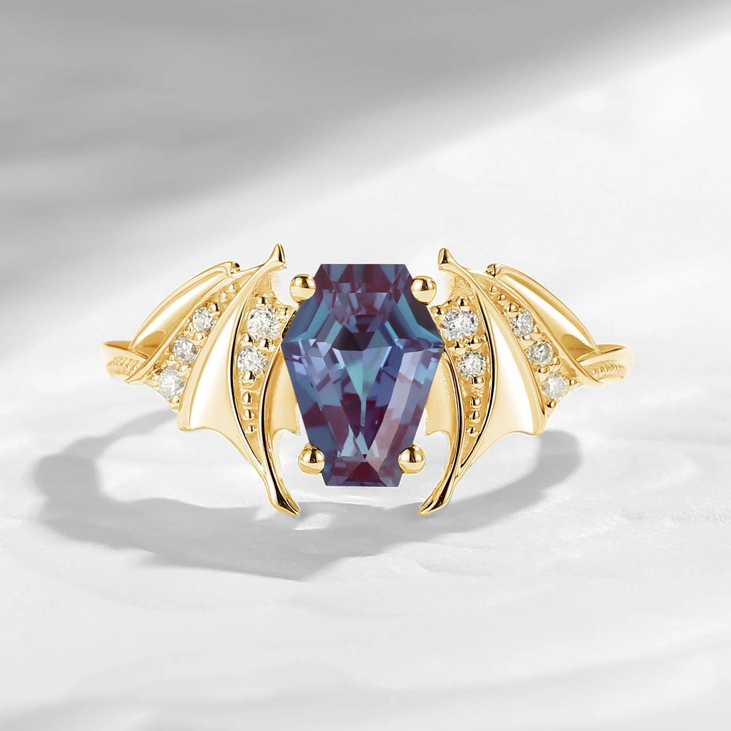 Coffin Cut Lab Alexandrite Gothic Inspired Black Gold Engagement Ring - Bat Ring