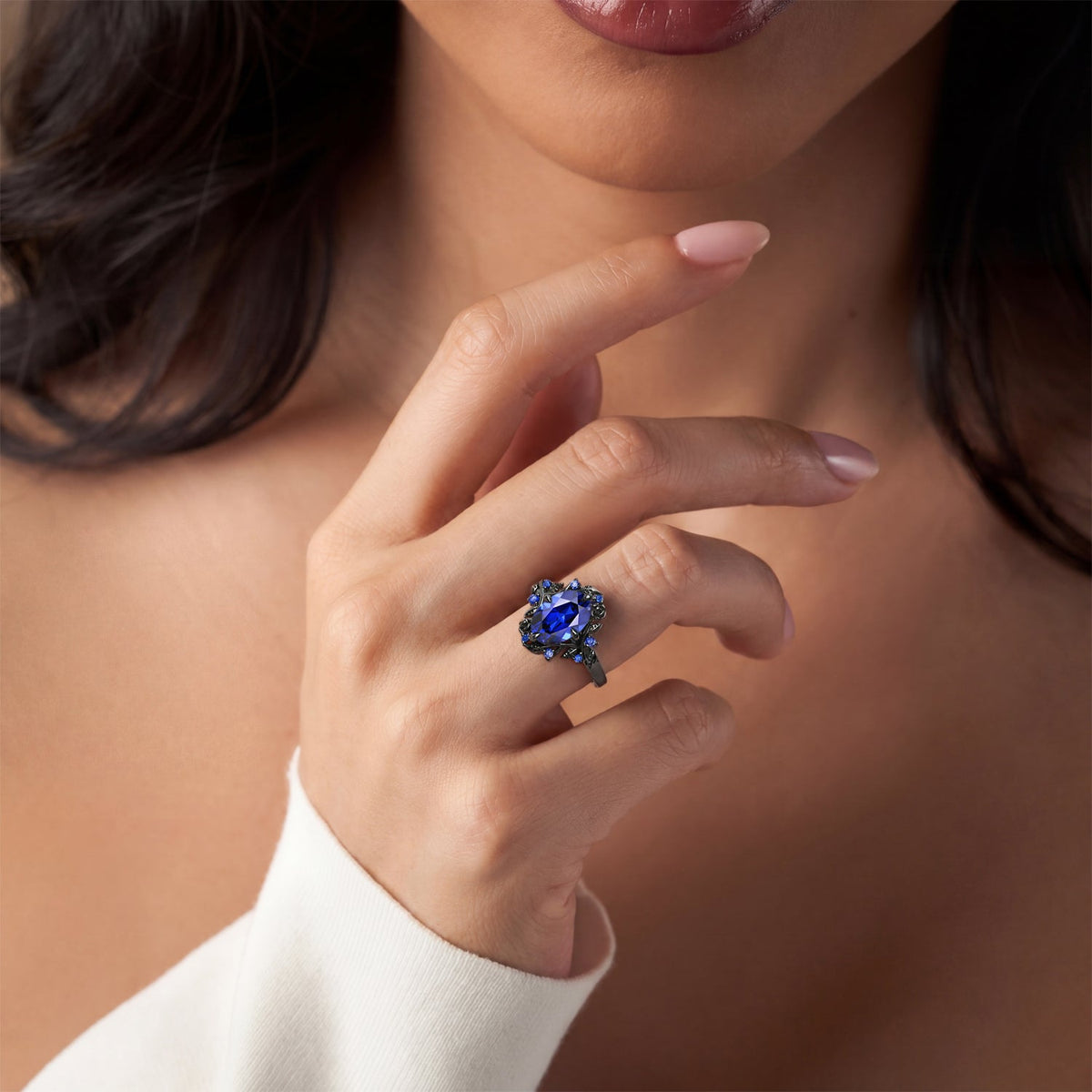 Oval Cut Leafy Lab Blue Sapphire Engagement Ring - Nyx