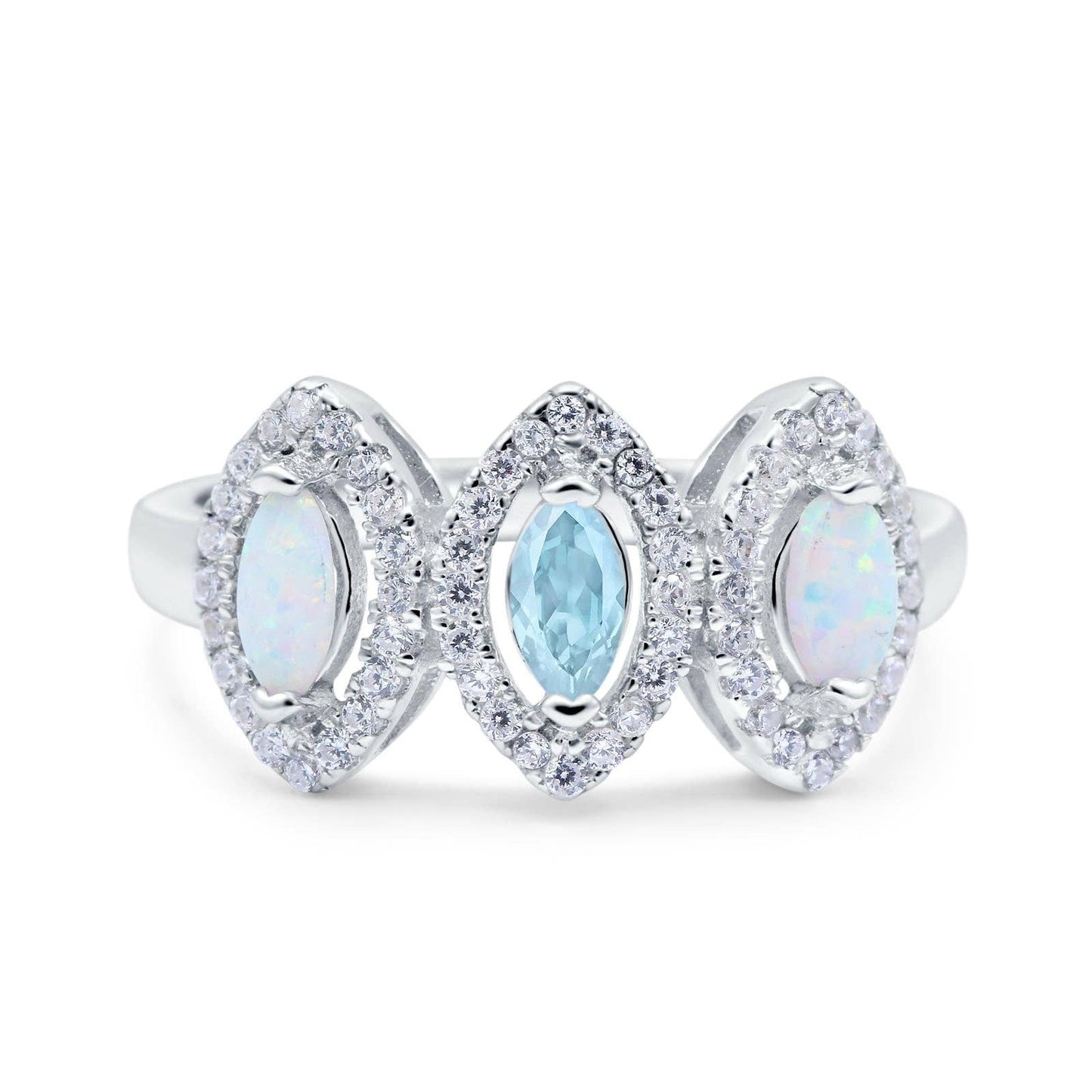 Halo Marquise Three Stone Simulated Aquamarine CZ Wedding Bridal Ring: Simulated Aquamarine CZ /size P