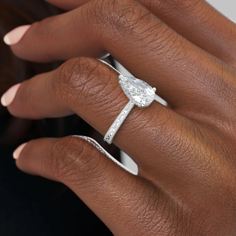 Modern Solarii Moissanite 2.0ct Pear Cut 925 Sterling Silver Hidden Halo Engagement Ring