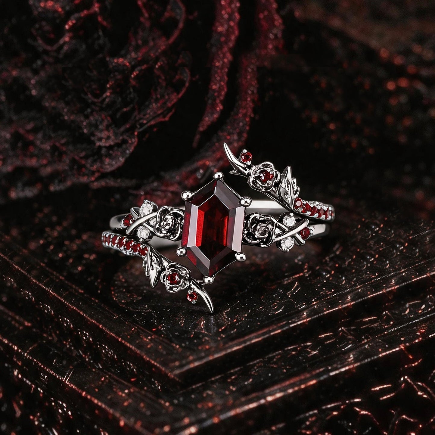 Gothic Long Hexagon Garnet 'Thorns & Roses' Cluster Black Gold Engagement Ring Bridal Set 2pcs