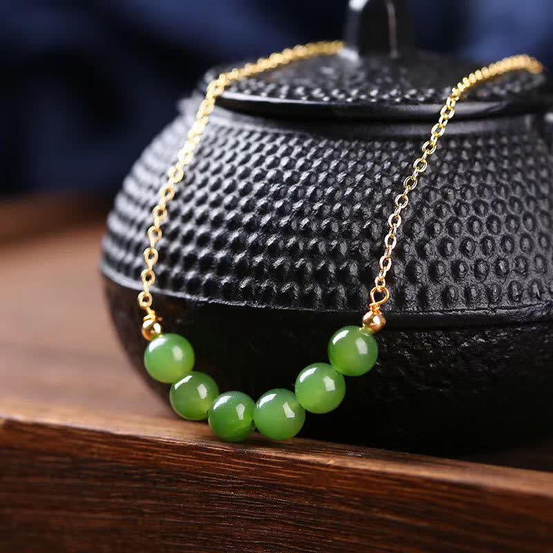Fortune Jewel 14k Gold Plated Hetian Cyan Jade Beaded Luck Necklace Pendant