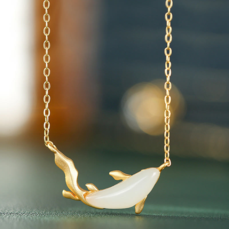 Fortune Jewel 925 Sterling Silver White Jade Dolphin Luck Necklace Pendant