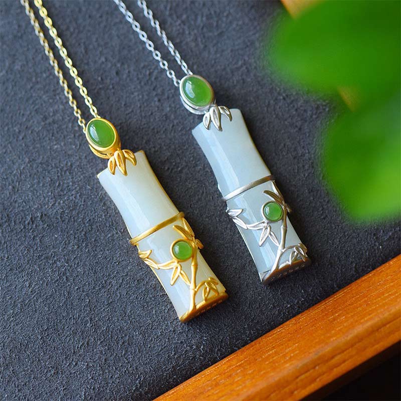 Fortune Jewel White Jade Cyan Jade Bamboo Protection Necklace Pendant