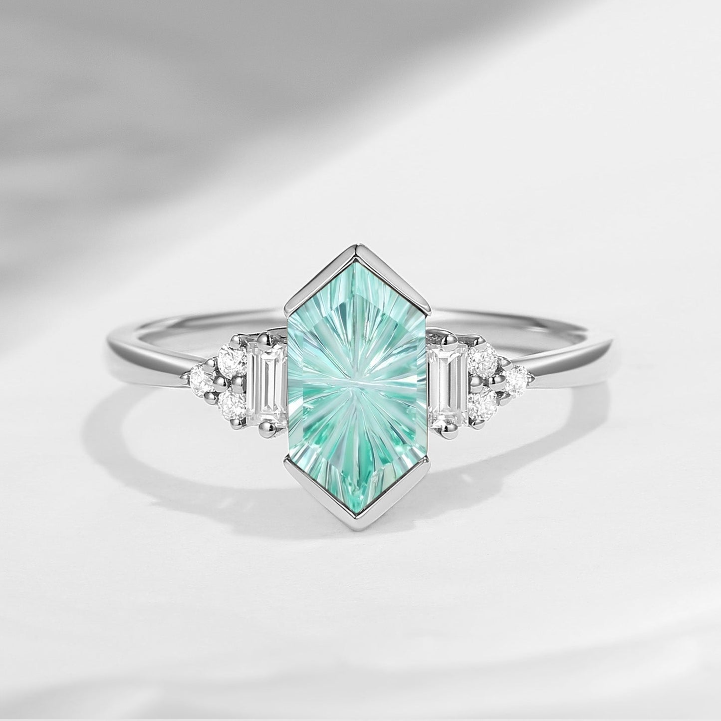 Vintage Inspired – Art Deco Fantasy Cut Long Hexagon Lab Mint Sapphire Cluster Engagement Ring with Bezel Setting