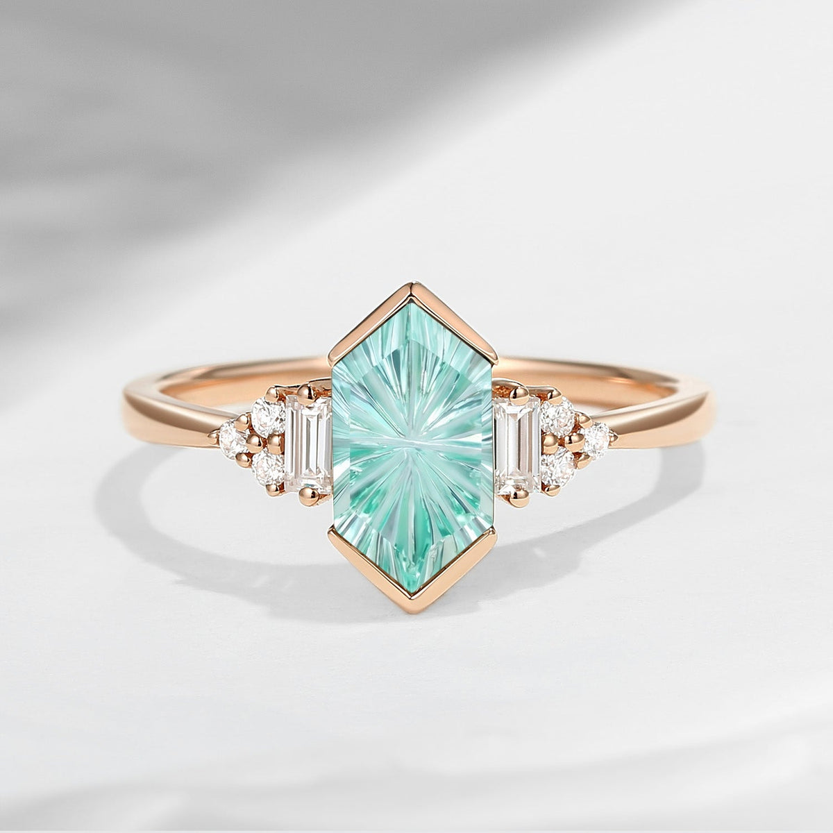 Vintage Inspired – Art Deco Fantasy Cut Long Hexagon Lab Mint Sapphire Cluster Engagement Ring with Bezel Setting