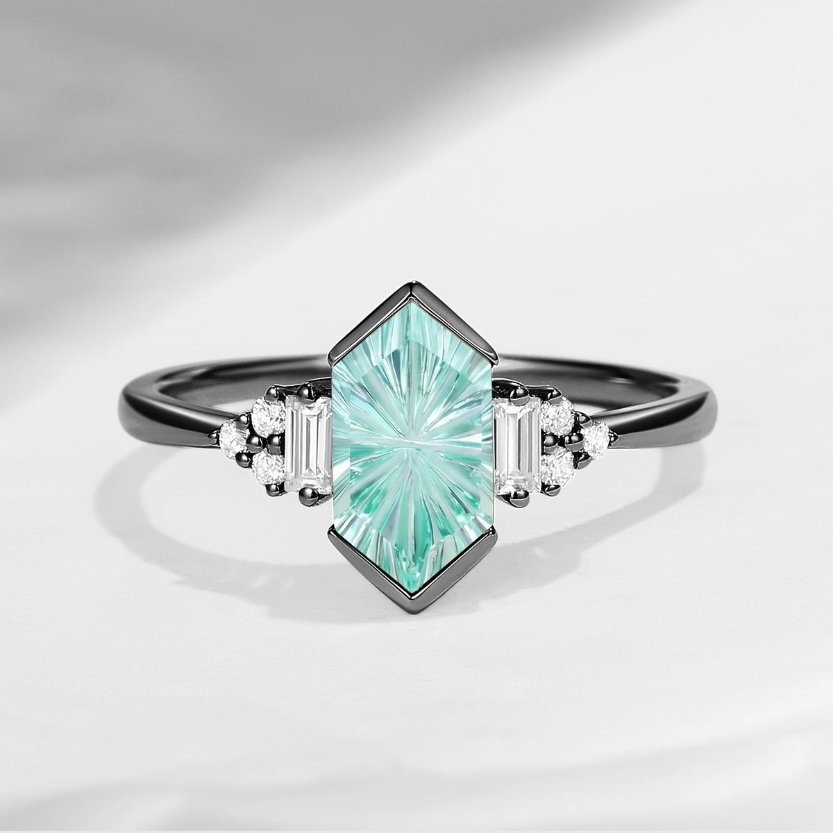 Vintage Inspired – Art Deco Fantasy Cut Long Hexagon Lab Mint Sapphire Cluster Engagement Ring with Bezel Setting