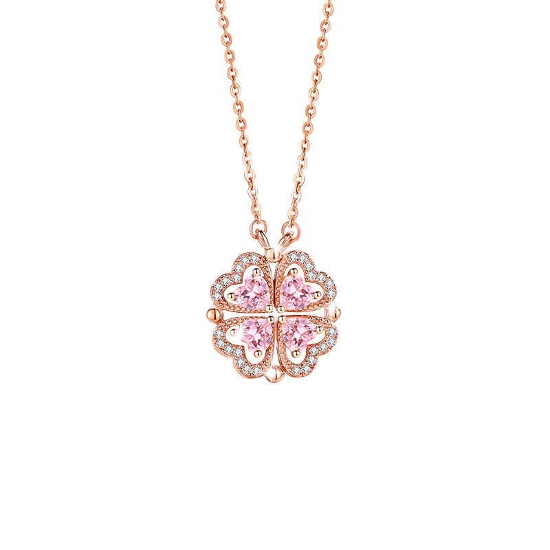 Pink Four Leaf Clover Heart Necklace in 925 Sterling Silver: Rose gold