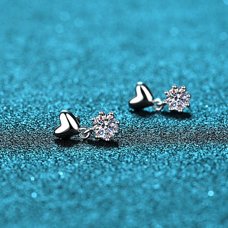 Solitaire Moissanite Heart Earrings in 925 Sterling Silver