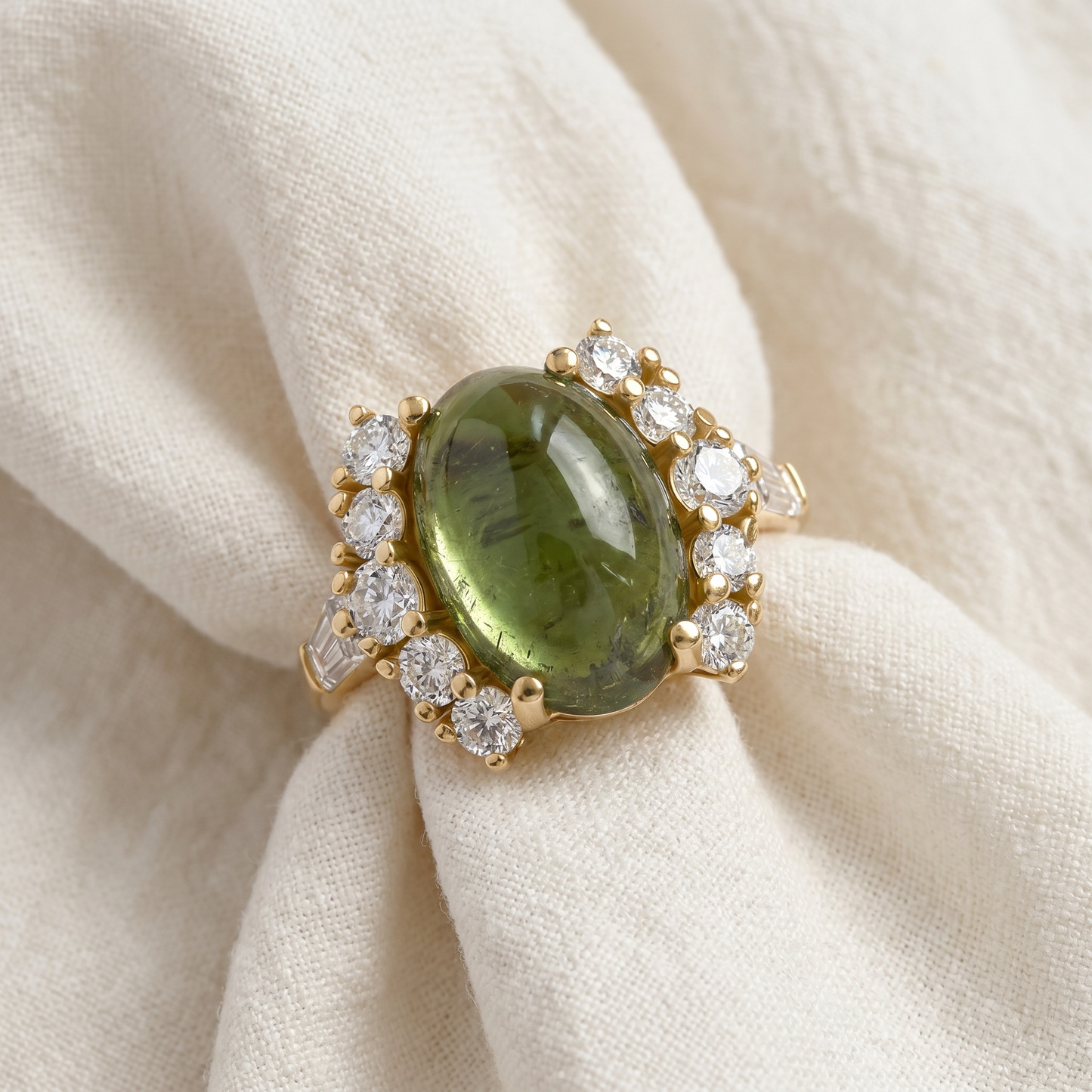 14.29Ct Green Tourmaline Heirloom Diamond Ring 14k Yellow Gold