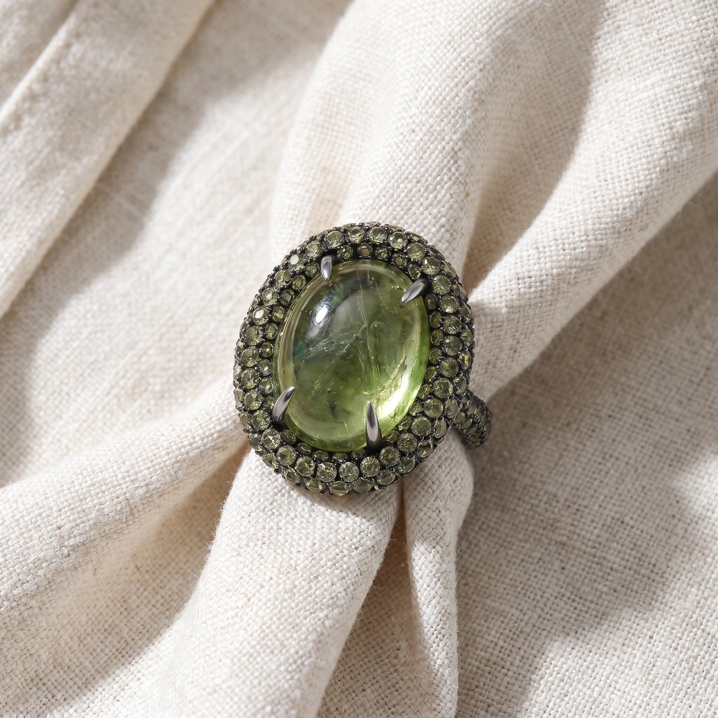 12.21Ct Peridot & Green Tourmaline Heirloom Ring 14k White Gold