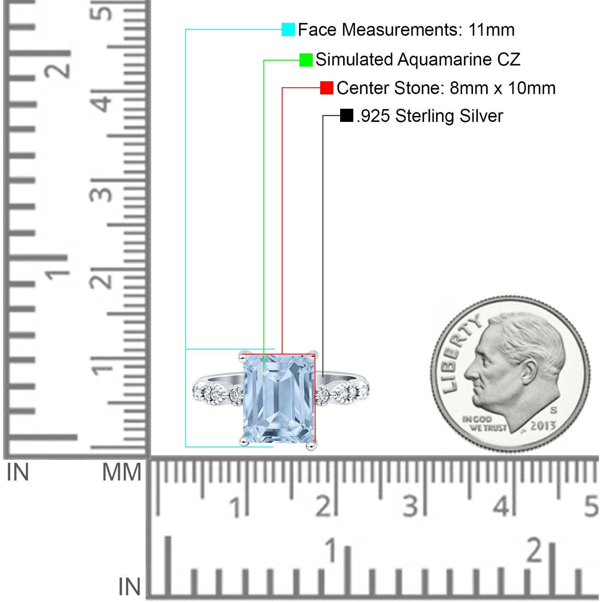 Vintage Emerald Cut Simulated Aquamarine CZ Engagement Ring: Simulated Aquamarine CZ size R