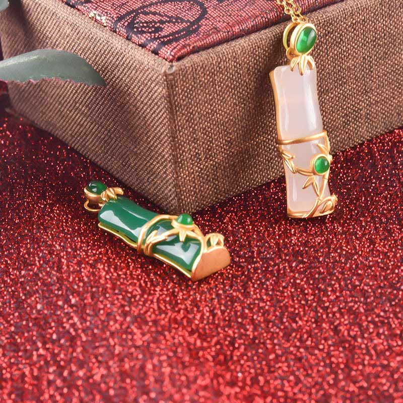 Fortune Jewel White Jade Cyan Jade Bamboo Protection Necklace Pendant