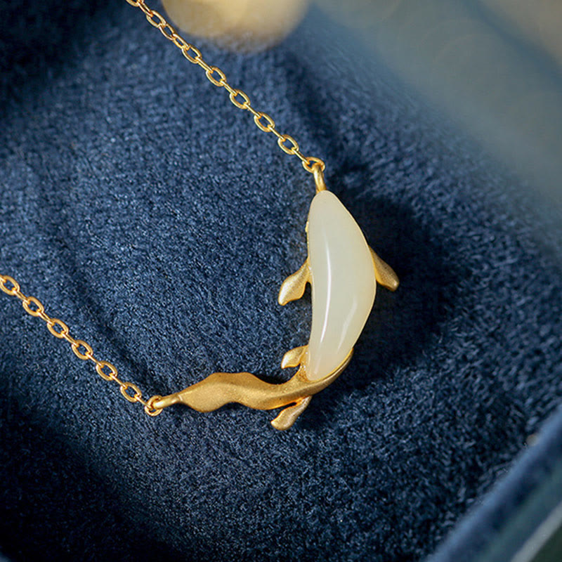 Fortune Jewel 925 Sterling Silver White Jade Dolphin Luck Necklace Pendant