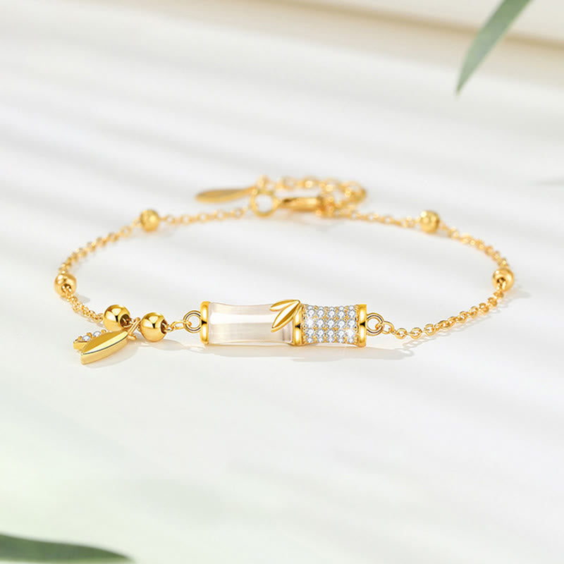 Fortune Jewel 925 Sterling Silver 18K Gold Plated White Jade Bamboo Zircon Leaf Luck Bracelet