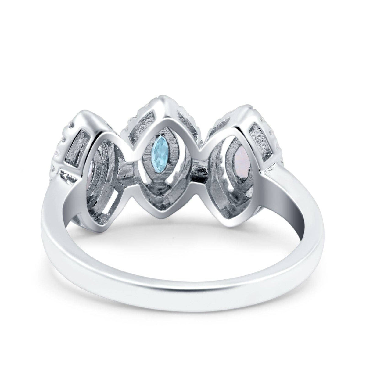 Halo Marquise Three Stone Simulated Aquamarine CZ Wedding Bridal Ring: Simulated Aquamarine CZ /size P