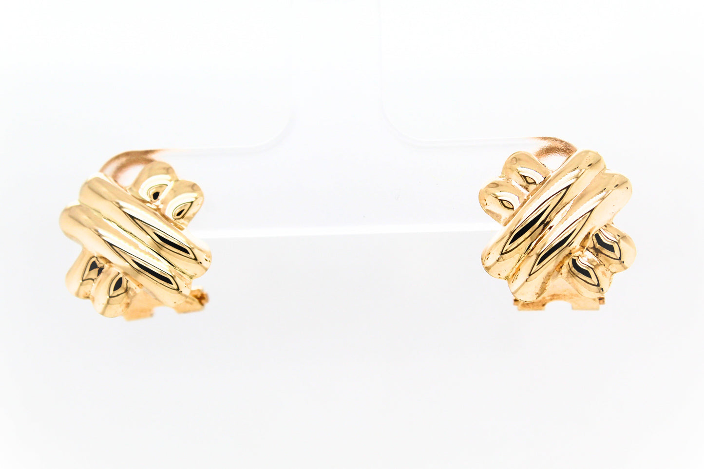 14K Yellow-gold Ribbed "X" Stud Omega Back Earrings, 3.4 grams