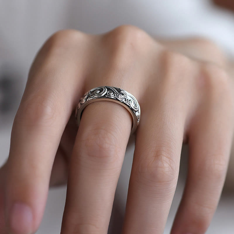 Fortune Jewel 999 Sterling Silver Auspicious Clouds Engraved Blessing Adjustable Ring