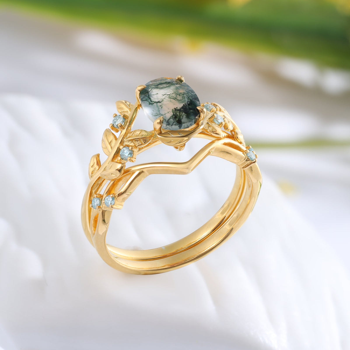 K Gold Natural Moss Agate Ring