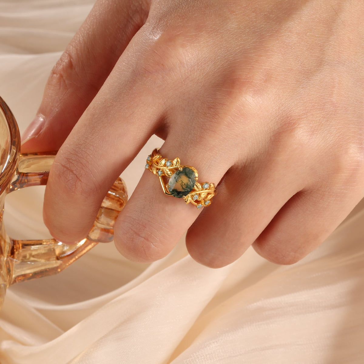 K Gold Natural Moss Agate Ring