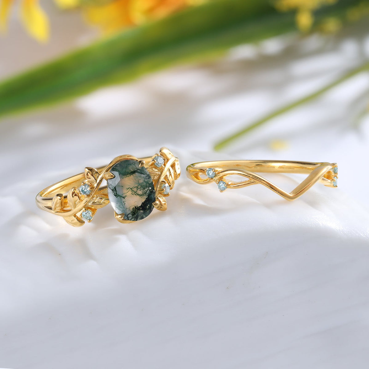 K Gold Natural Moss Agate Ring