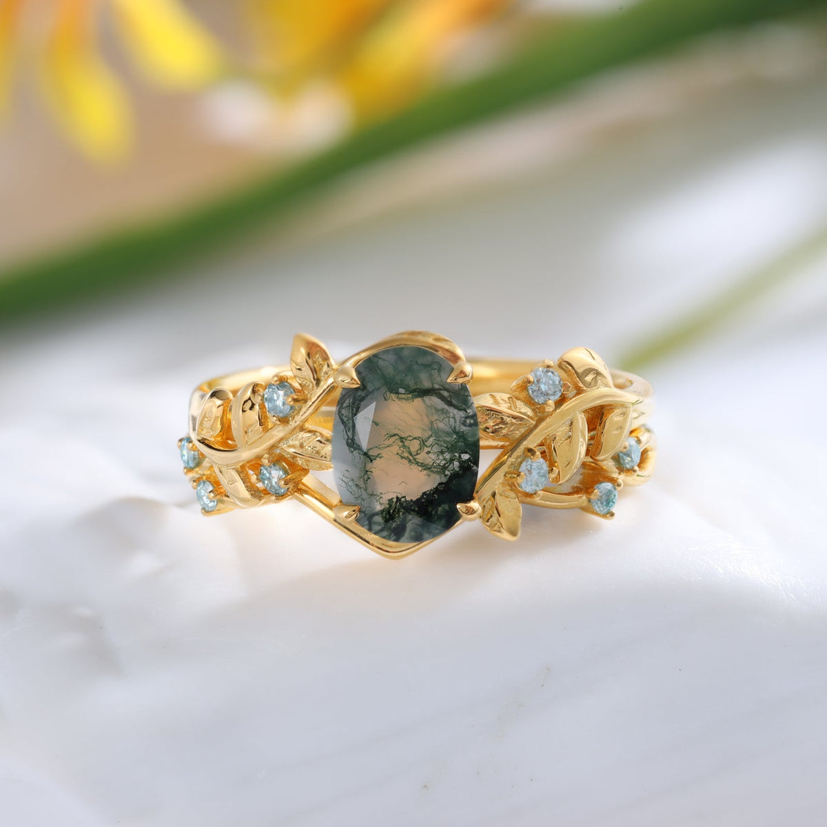 K Gold Natural Moss Agate Ring
