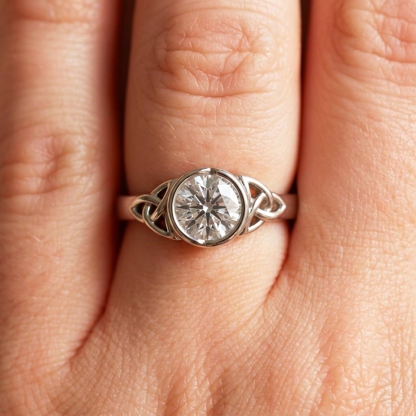 Celtic Trinity Knot Engagement Ring Bezel Set 1 Carat Diamond Engagement Ring Round Cut