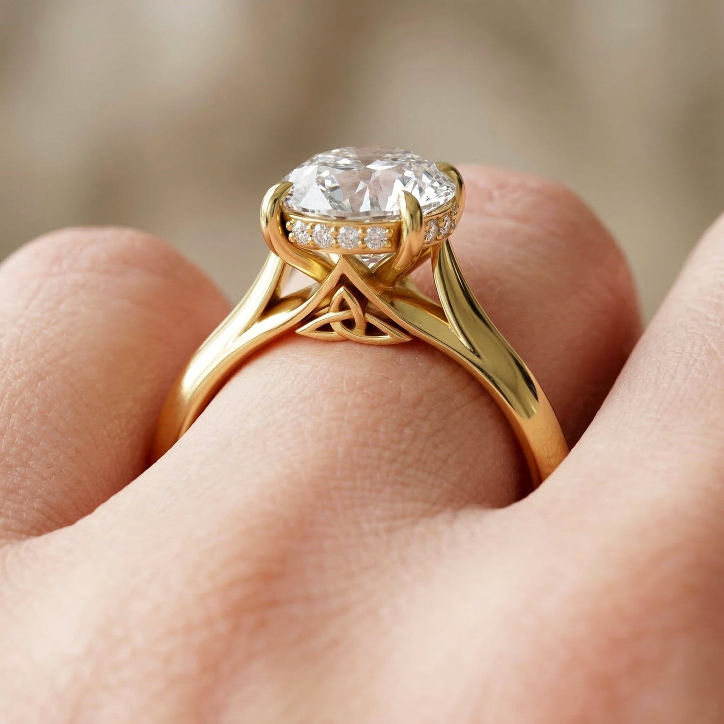 Celtic Diamond Engagement Ring 3 Carat Oval Lab Grown Diamond Hidden Halo Wedding Ring