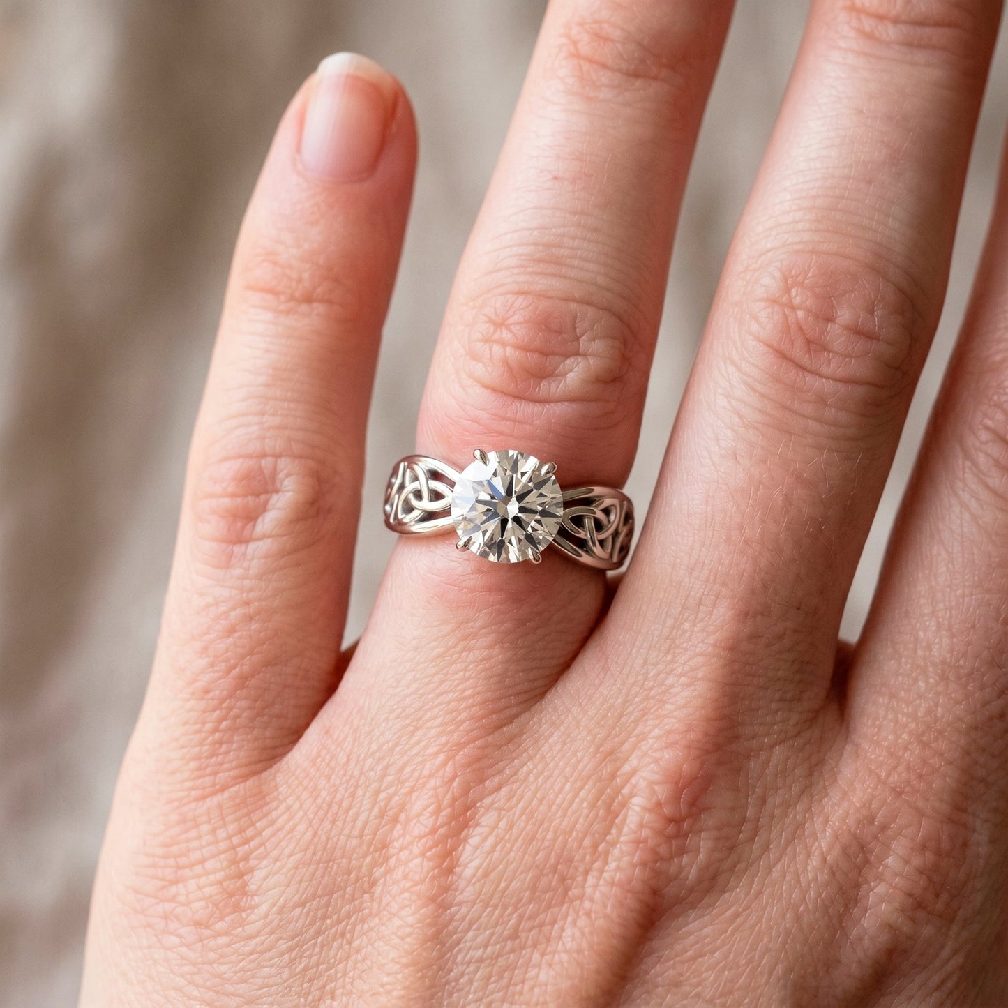 Celtic Engagement Ring 2 Carat Round Lab Grown Diamond Trinity Knot Wedding Ring Triquetra Diamond Ring
