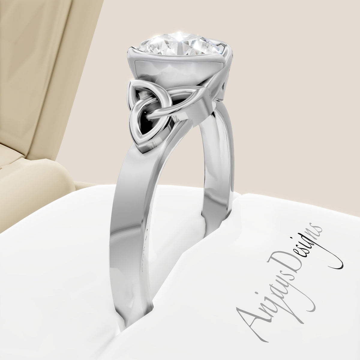 Celtic Trinity Knot Engagement Ring Bezel Set 1 Carat Diamond Engagement Ring Round Cut