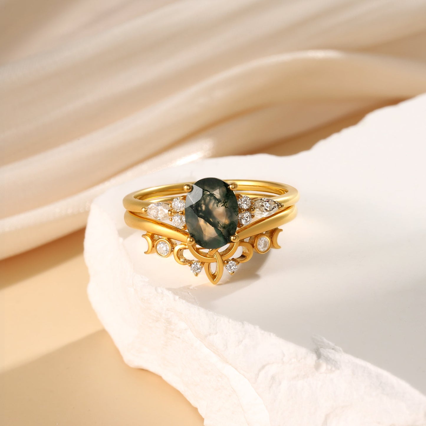 K Gold Natural Moss Agate Ring