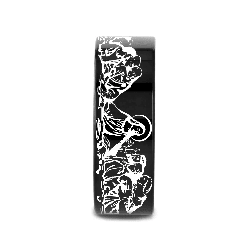 CENACLE | Black Tungsten Last Supper Wedding Band, Flat