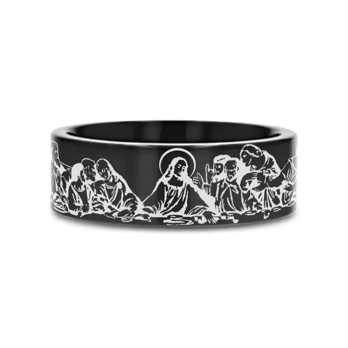 CENACLE | Black Tungsten Last Supper Wedding Band, Flat