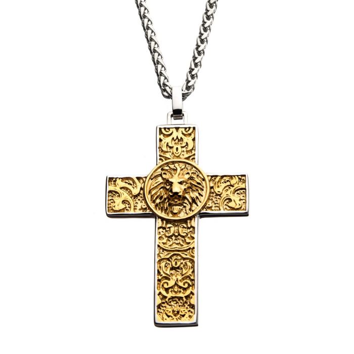 Stainless Steel and 18K Gold Plated Nymeria Lion Cross Necklace