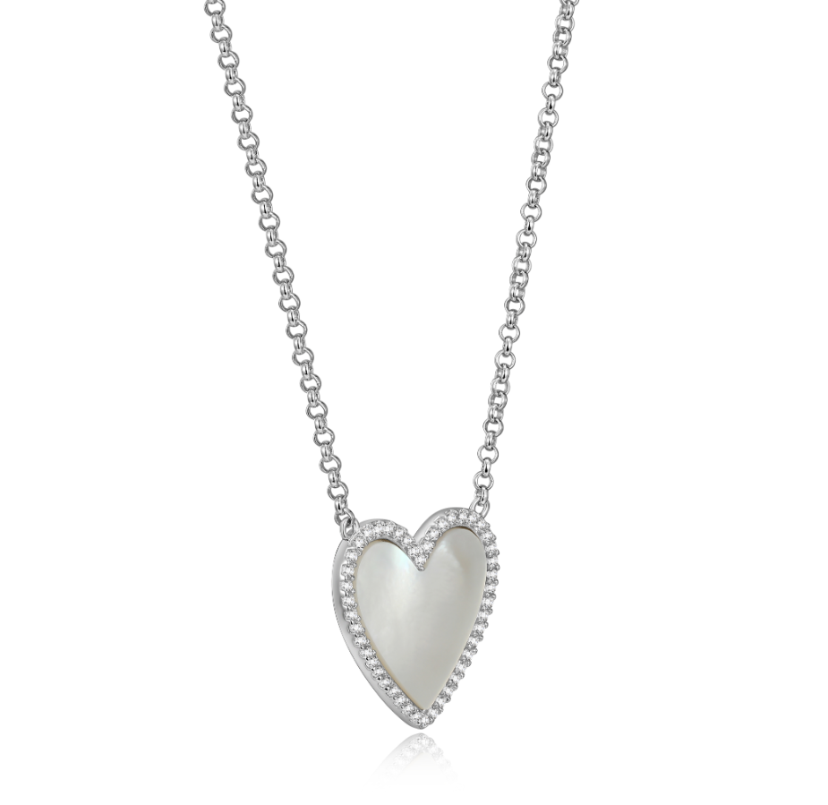 Sterling Silver Mother of Pearl "Endless Love" Heart Necklace (16inch + 3inch extender)