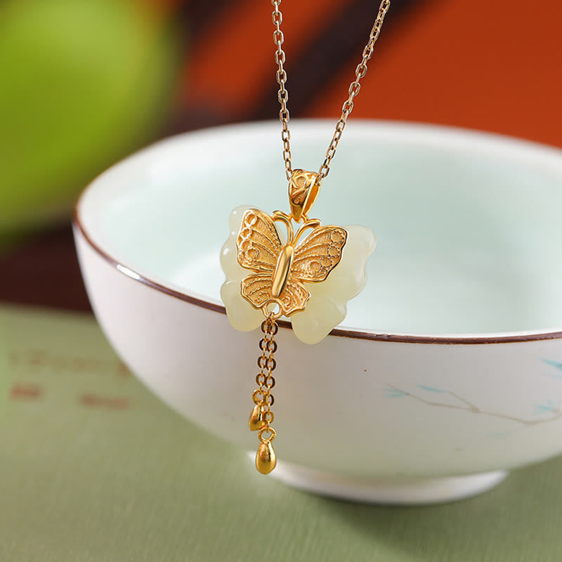 Fortune Jewel 925 Sterling Silver Plated Gold Hetian White Jade Butterfly Blessing Necklace Pendant