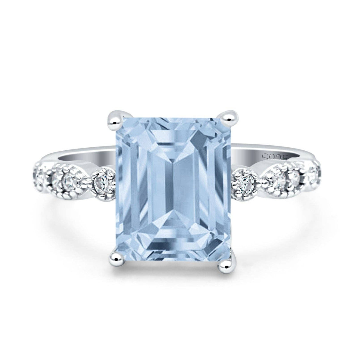 Vintage Emerald Cut Simulated Aquamarine CZ Engagement Ring: Simulated Aquamarine CZ size R