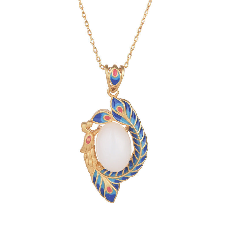 Fortune Jewel White Jade Peacock Copper Blessing Necklace Pendant