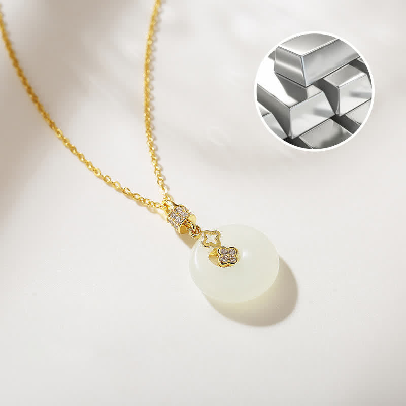 Fortune Jewel 925 Sterling Silver Hetian White Jade Coin Flower Peace Buckle Luck Necklace Pendant