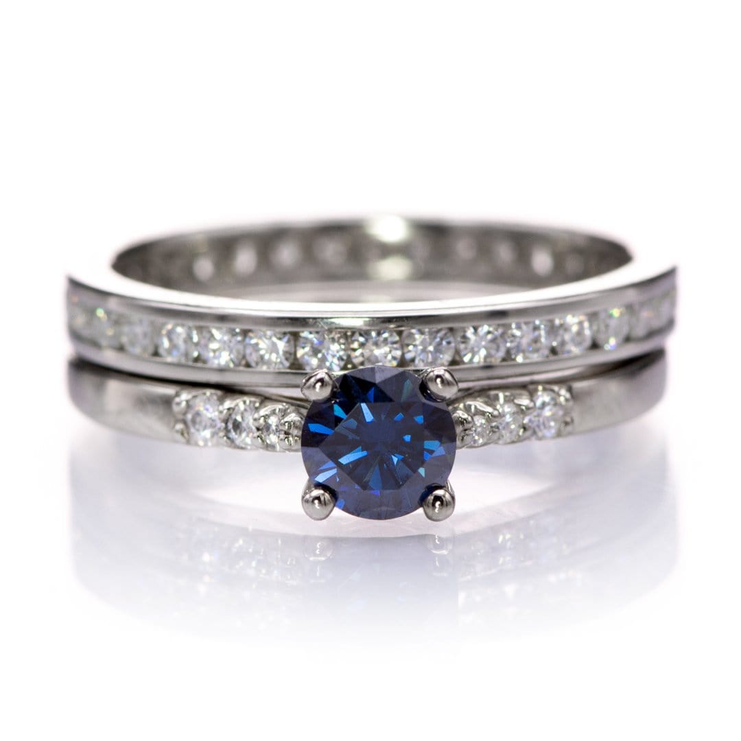 Blue Moissanite Prong Set Natalie Engagement Ring with Accented Cathedral Shank