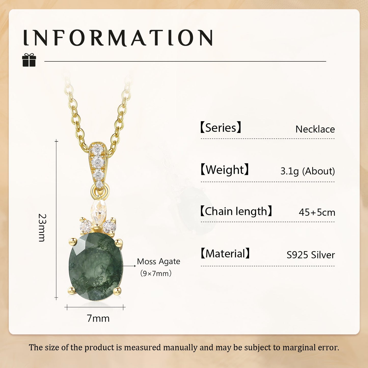 925 Sterling Silver Natural Moss Agate Necklace